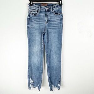 JUDY BLUE Medium Wash High Rise Shark Bite Hem Straight Fit Jeans, Size 27